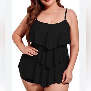 NEW Summer Mae Black Swimsuit tankini bathing suit top ruffles slimming  XL